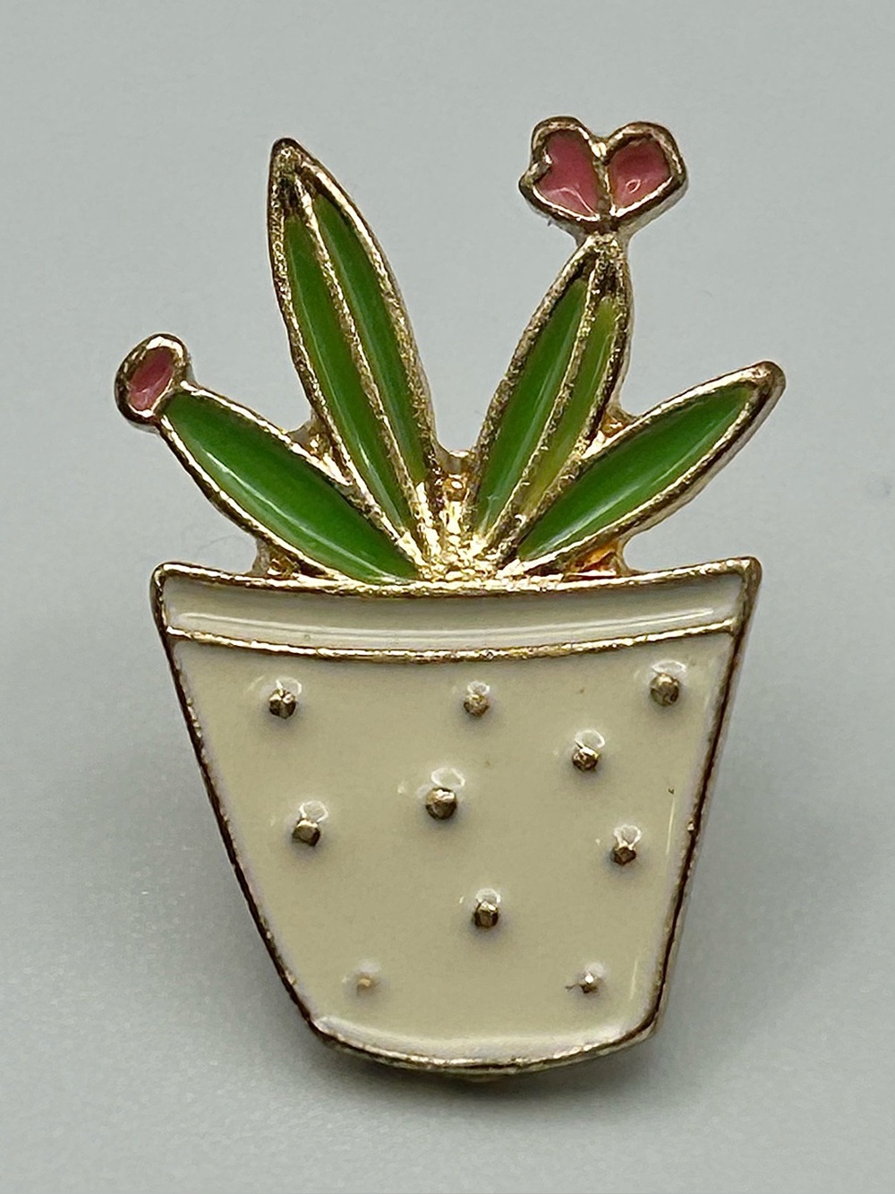 Gold-Tone Enamel Potted Plant Pin - Green, Pink, Beige